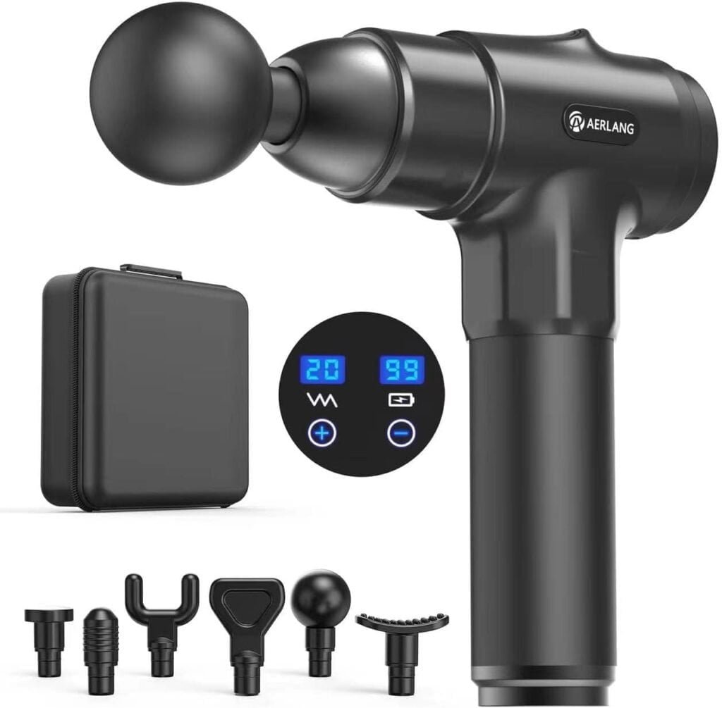 AERLANG Deep Tissue Massager, Portable Massage Gun for Back Neck Muscle Relieve, Quiet Brushless Motor 20 Variable Speeds Digital Display 6 Massage Heads and Carrying Case