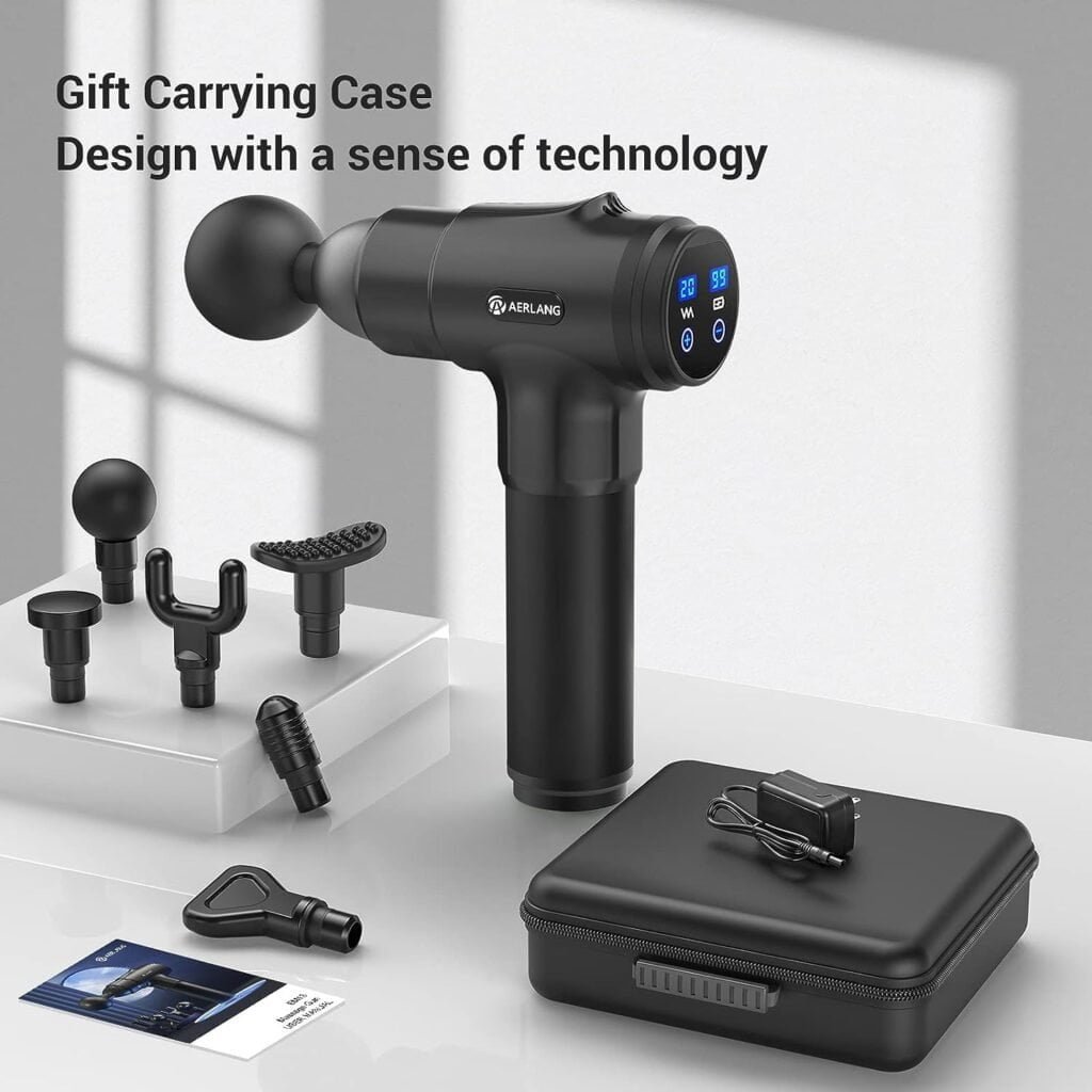 AERLANG Deep Tissue Massager, Portable Massage Gun for Back Neck Muscle Relieve, Quiet Brushless Motor 20 Variable Speeds Digital Display 6 Massage Heads and Carrying Case