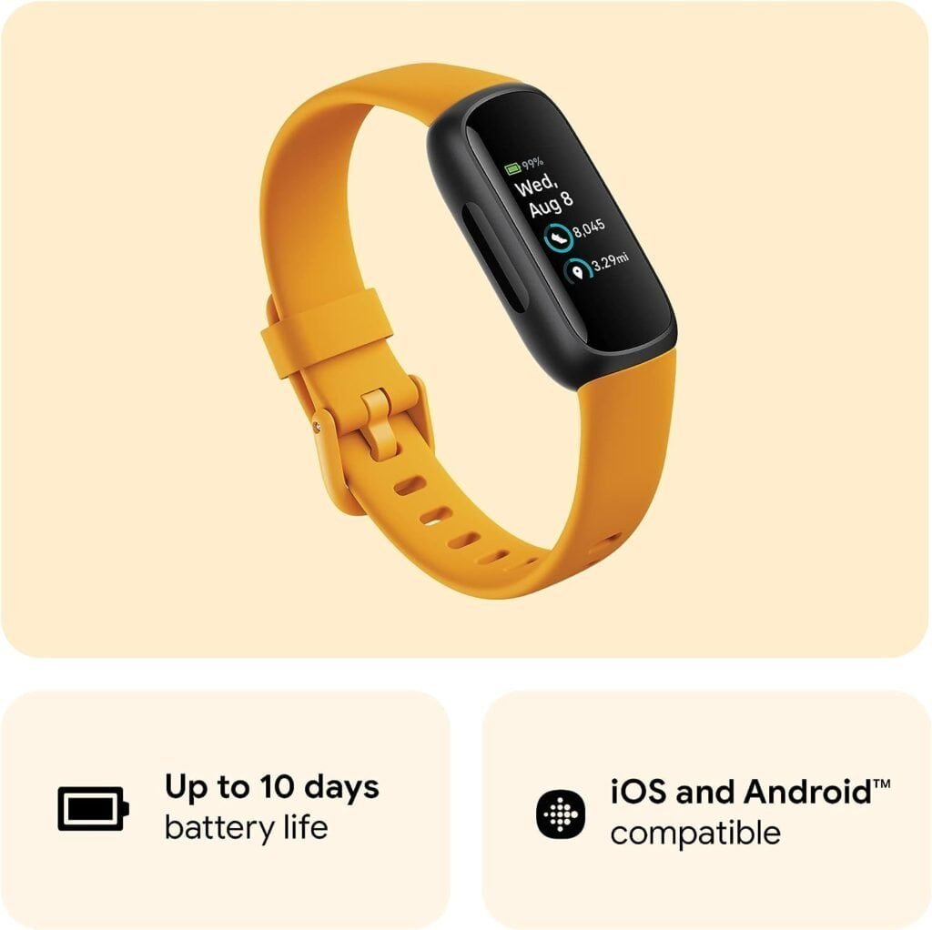 Fitbit Inspire 3 Health  Fitness Tracker with Stress Management, Workout Intensity, Sleep Tracking, 24/7 Heart Rate and more, Morning Glow/Black, One Size (S  L Bands Included)
