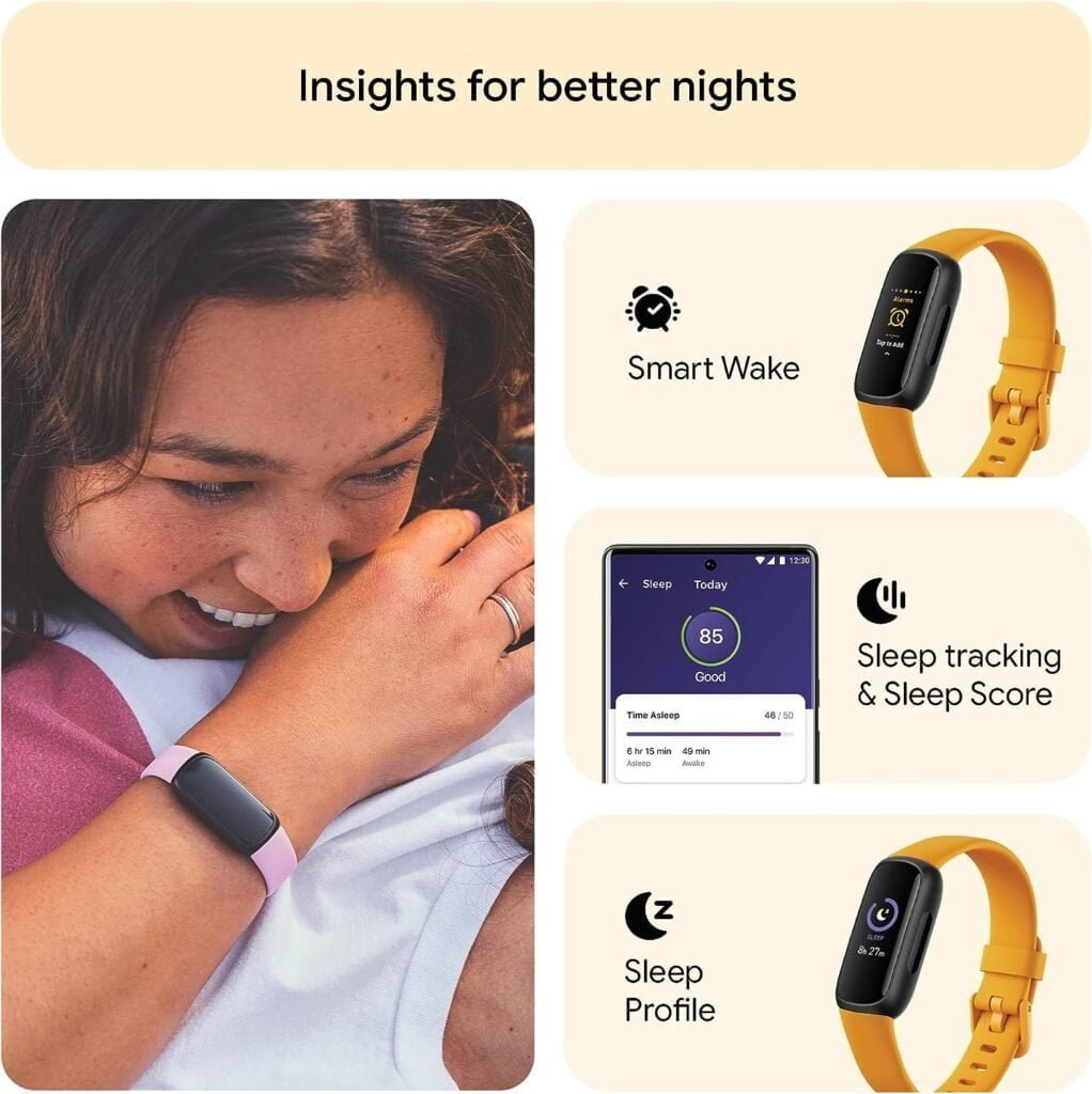 Fitbit Inspire 3 Health  Fitness Tracker with Stress Management, Workout Intensity, Sleep Tracking, 24/7 Heart Rate and more, Morning Glow/Black, One Size (S  L Bands Included)