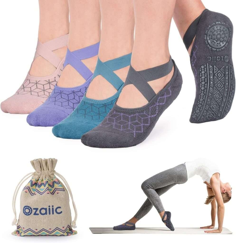 Ozaiic Yoga Socks for Women Non-Slip Grips  Straps, Ideal for Pilates, Pure Barre, Ballet, Dance, Barefoot Workout
