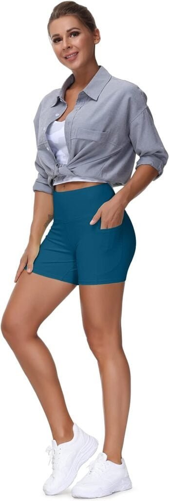THE GYM PEOPLE High Waist Yoga Shorts for Womens Tummy Control Fitness Athletic Workout Running Shorts with Deep Pockets