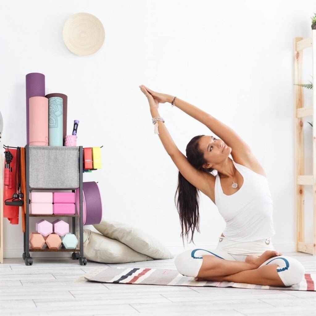 Yoga Mat Storage Rack Home Gym Equipment Workout Equipment Storage Organizer Yoga Mat Holder for Yoga Block,Foam Roller,Resistance Band,Dumbbell,Kettlebell and More Gym Accessories Gym Essentials Women Men Fitness Exercise Equipment Organization with Hooks Wheels