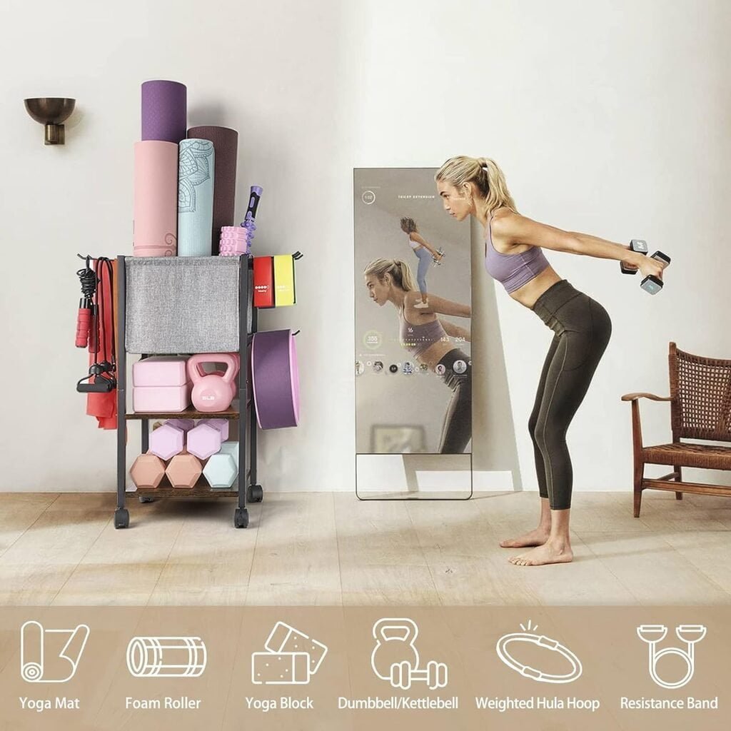 Yoga Mat Storage Rack Home Gym Equipment Workout Equipment Storage Organizer Yoga Mat Holder for Yoga Block,Foam Roller,Resistance Band,Dumbbell,Kettlebell and More Gym Accessories Gym Essentials Women Men Fitness Exercise Equipment Organization with Hooks Wheels