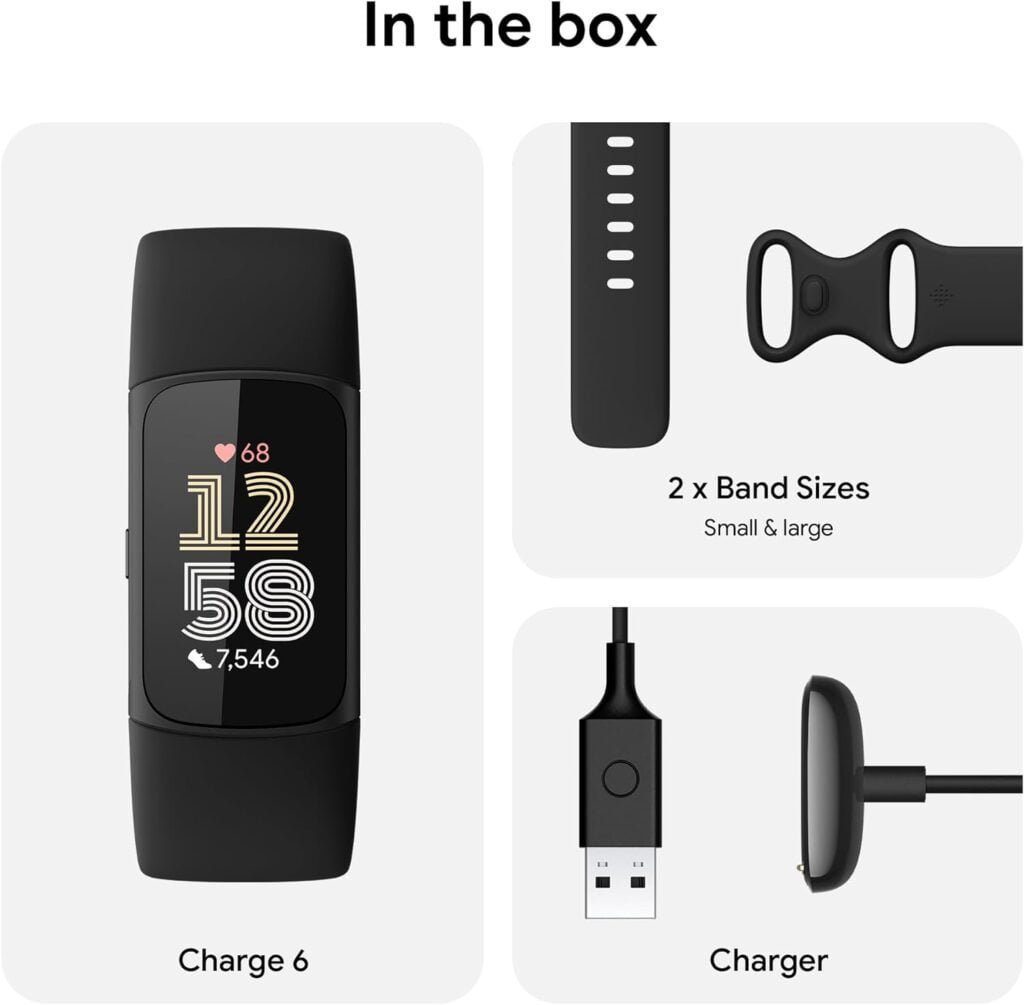 Fitbit Charge 6 Fitness Tracker with Google apps, Heart Rate on Exercise Equipment, 6-Months Premium Membership Included, GPS, Health Tools and More, Obsidian/Black, One Size (S  L Bands Included)