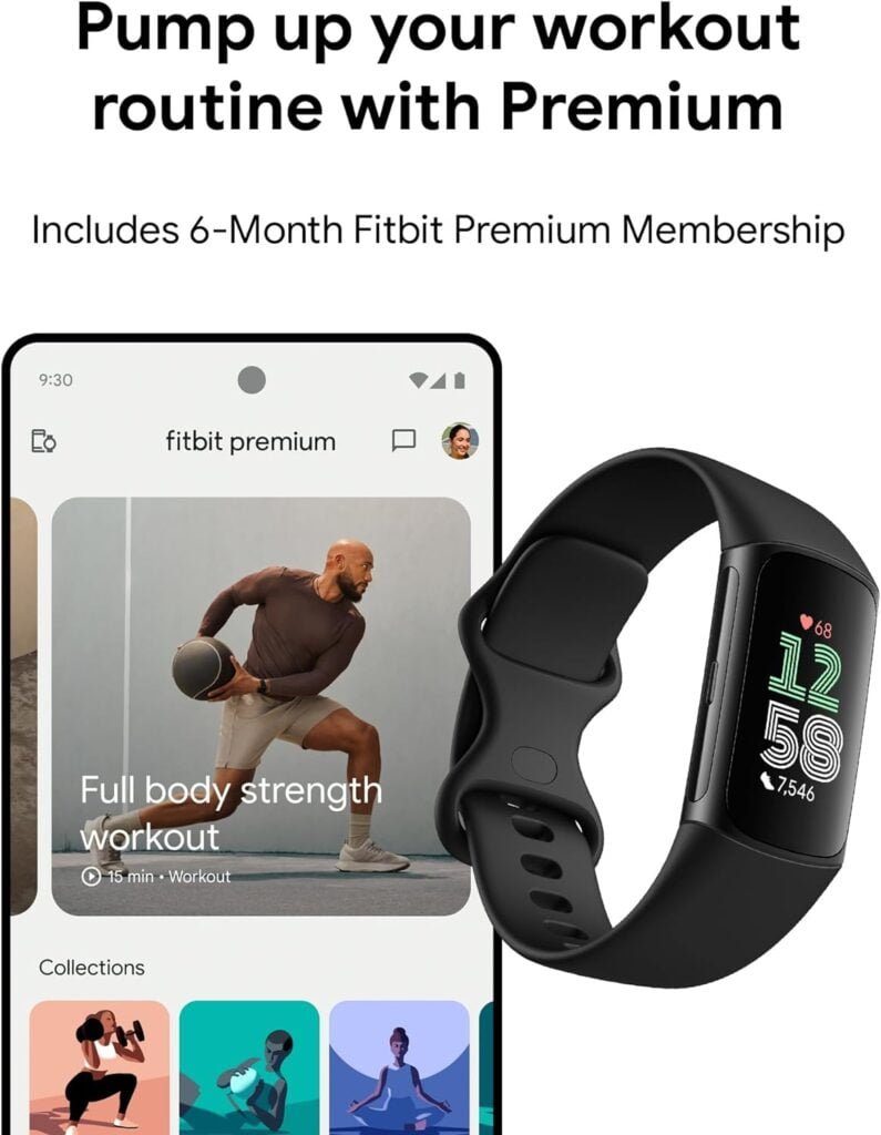 Fitbit Charge 6 Fitness Tracker with Google apps, Heart Rate on Exercise Equipment, 6-Months Premium Membership Included, GPS, Health Tools and More, Obsidian/Black, One Size (S  L Bands Included)