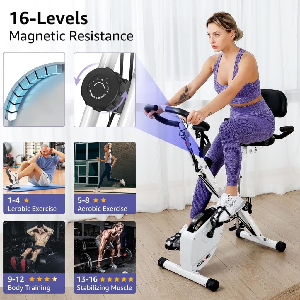 KURONO Stationary Exercise Bike for Home Workout | 4 IN 1 Foldable Indoor Cycling Spin Bike for Seniors | 330LB Capacity, 16-Level Magnetic Resistance, Seat Backrest Adjustments