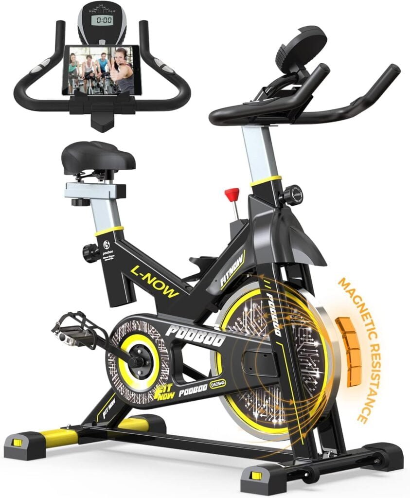 pooboo Magnetic Resistance Indoor Cycling Bike, Belt Drive Indoor Exercise Bike Stationary LCD Monitor with Ipad Mount ＆Comfortable Seat Cushion for Home Cardio Workout Cycle Bike Training Upgraded Version