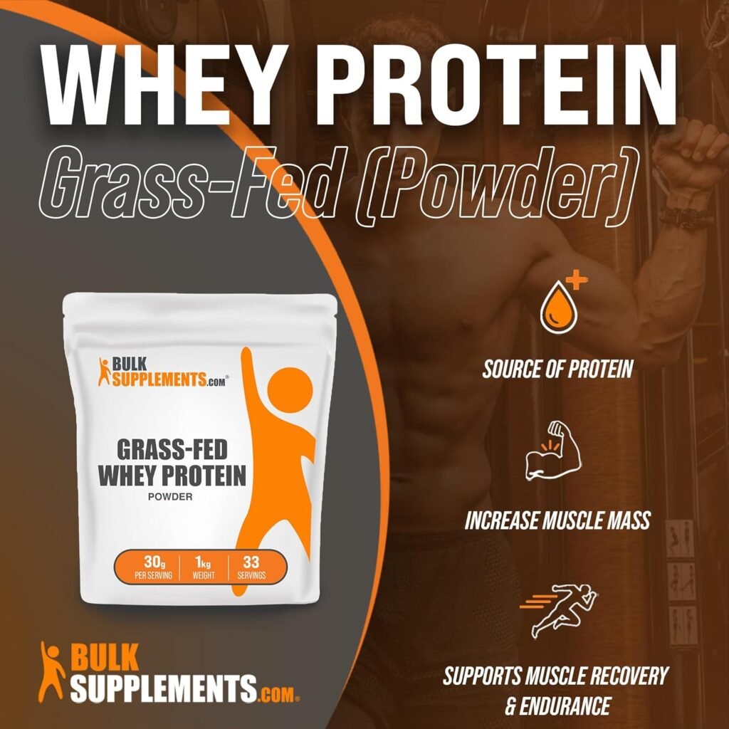 BULKSUPPLEMENTS.COM Grass Fed Whey Protein Powder - Pure Protein Powder - Unflavored Whey Protein Powder - Protein Supplement - Protein Powder Without Artificial Sweeteners (1 Kilogram - 2.2 lbs)