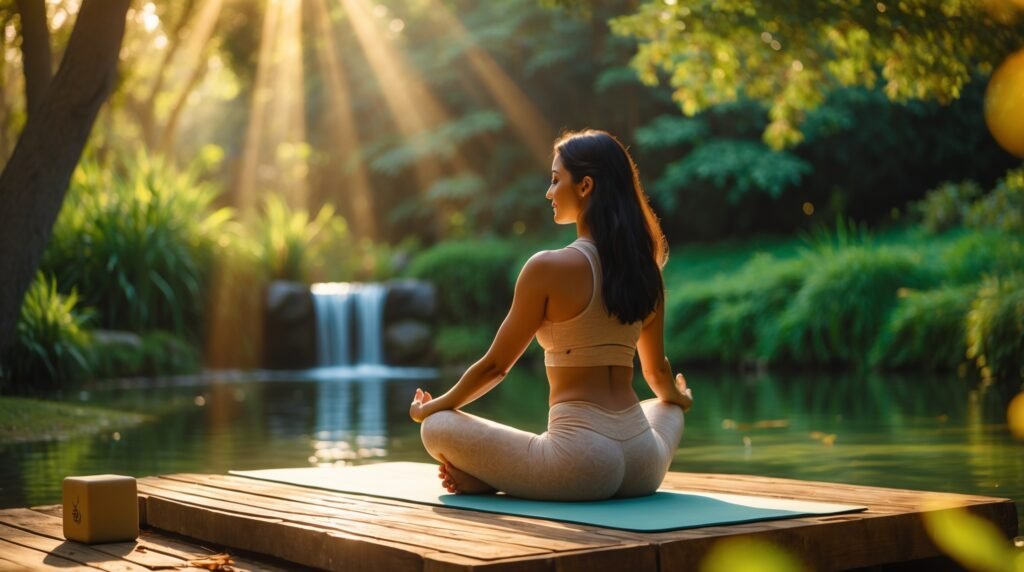 A peaceful outdoor scene featuring a woman practicing
