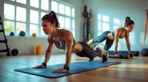 A strong, determined woman performing bicycle crunches on a gym mat,